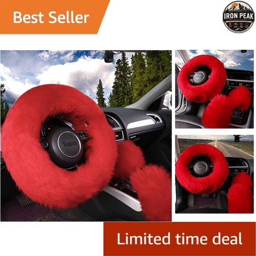 Red fluffy sheepskin steering - red,